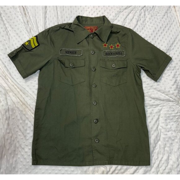 Hard Rock Cafe Military Green Button Up Short Sleeve Shirt Venice Mens Small EUC - Picture 1 of 6